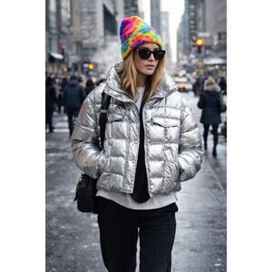 J.CREW Cropped Metallic Silver Puffer Jacket Modern Cool Girl Winter Chic Sz S